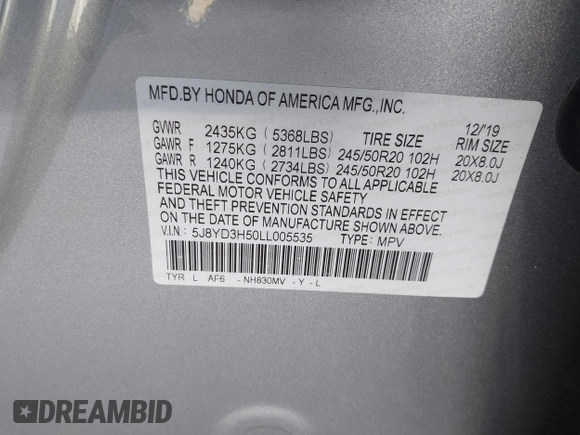 2020 Acura MDX w/Technology Pkg with VIN 5J8YD3H50LL005535, listed as a IAAI auction lot 41966614 with 40,604 mi miles. Bid and sale history available at carsss.com. Image 9.