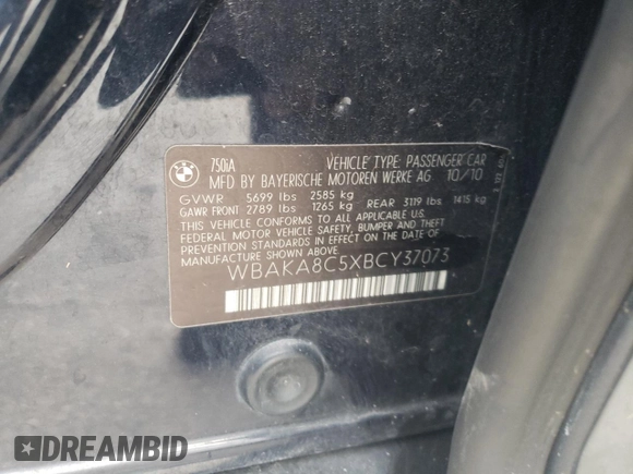 2011 BMW 7 Series 750i with VIN WBAKA8C5XBCY37073, listed as a Copart auction lot 76238914 with 129,493 mi miles and Clean title. Bid and sale history available at DreamBid. Image 12.