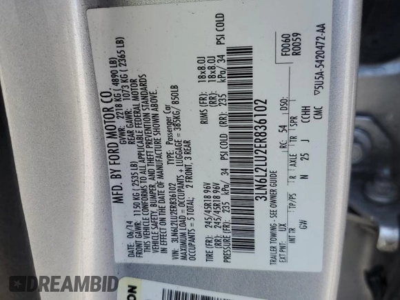 2014 Lincoln MKZ Hybrid with VIN 3LN6L2LU2ER836102, listed as a Copart auction lot 57661075 with 168,275 mi miles and Salvage title. Bid and sale history available at DreamBid. Image 12.