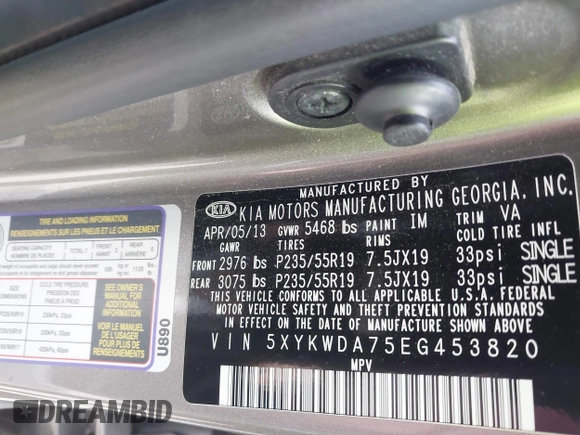 2014 Kia Sorento SX with VIN 5XYKWDA75EG453820, listed as a IAAI auction lot 41883759 with 192,137 mi miles. Bid and sale history available at carsss.com. Image 9.