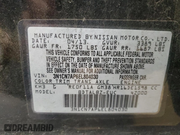 2014 Nissan Versa S Plus with VIN 3N1CN7AP6EL804030, listed as a Copart auction lot 50415345 with 137,113 mi miles and Salvage Title. Bid and sale history available at DreamBid. Image 15.