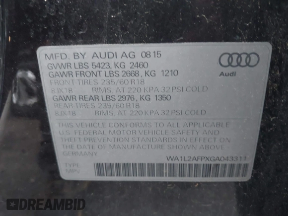 2016 Audi Q5 Premium Plus z VIN WA1L2AFPXGA043311, wystawiony jako IAAI lot #42345705 z przebiegiem 83 776 mil mil oraz . Historia ofert i sprzedaży dostępna na DreamBid. Obrazek 9.