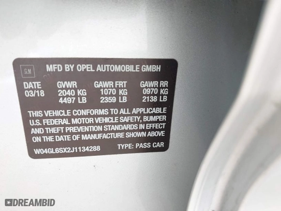2018 Buick Regal Sportback Preferred with VIN W04GL6SX2J1134288, listed as a IAAI auction lot 41472979 with 103,182 mi miles. Bid and sale history available at carsss.com. Image 9.