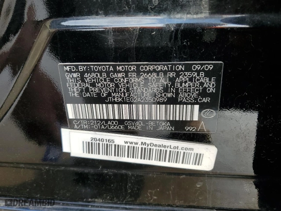 2010 Lexus ES 350 with VIN JTHBK1EG2A2350989, listed as a Copart auction lot 43647885 with 171,842 mi miles and Clean Title. Bid and sale history available at carsss.com. Image 12.