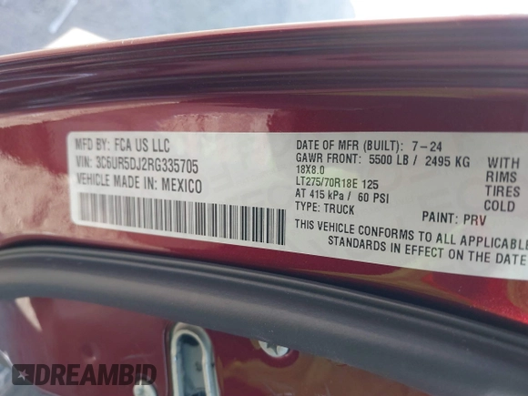 2024 Ram 2500 Big Horn with VIN 3C6UR5DJ2RG335705, listed as a IAAI auction lot 41400752 with 6,335 mi miles. Bid and sale history available at carsss.com. Image 9.