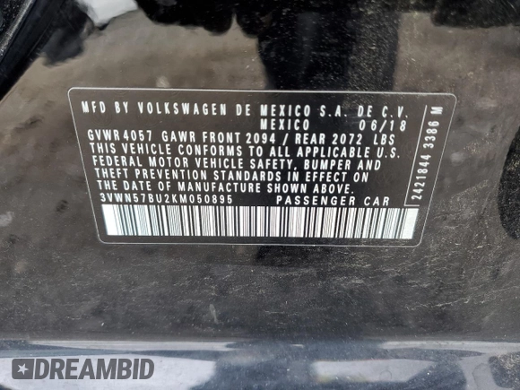 2019 Volkswagen Jetta S with VIN 3VWN57BU2KM050895, listed as a Copart auction lot 56633595 with 93,701 mi miles and Salvage title. Bid and sale history available at DreamBid. Image 12.