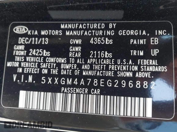 2014 Kia Optima LX with VIN 5XXGM4A78EG296882, listed as a IAAI auction lot 42126103 with 148,004 mi miles. Bid and sale history available at carsss.com. Image 9.