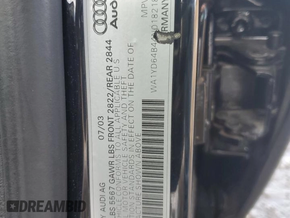 2004 Audi allroad A6 V8 z VIN WA1YD64B44N018218, wystawiony jako Copart lot #54335425 z przebiegiem Nie podano mil oraz Szkody całkowita. Historia ofert i sprzedaży dostępna na DreamBid. Obrazek 12.