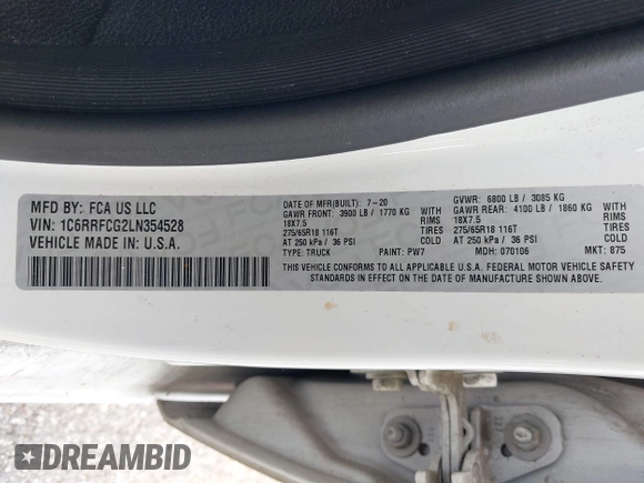 2020 Ram 1500 Tradesman with VIN 1C6RRFCG2LN354528, listed as a IAAI auction lot 42050912 with 100,932 mi miles and . Bid and sale history available at DreamBid. Image 9.