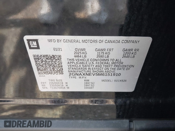 2021 Chevrolet Equinox Premier with VIN 2GNAXNEV5M6151910, listed as a IAAI auction lot 42110010 with 45,911 mi miles and . Bid and sale history available at DreamBid. Image 9.
