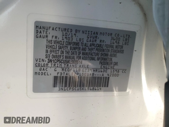 2019 Nissan Kicks SR with VIN 3N1CP5CU5KL568614, listed as a Copart auction lot 48432185 with 81,776 mi miles and Salvage Title. Bid and sale history available at DreamBid. Image 14.