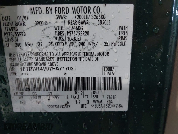 2007 Ford F-150 XLT with VIN 1FTPW14V07FA71702, listed as a IAAI auction lot 41902242 with 284,124 mi miles. Bid and sale history available at carsss.com. Image 9.