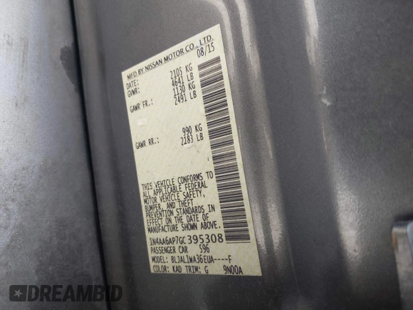 2016 Nissan Maxima SL with VIN 1N4AA6AP7GC395308, listed as a IAAI auction lot 42187762 with 154,171 mi miles and . Bid and sale history available at DreamBid. Image 9.