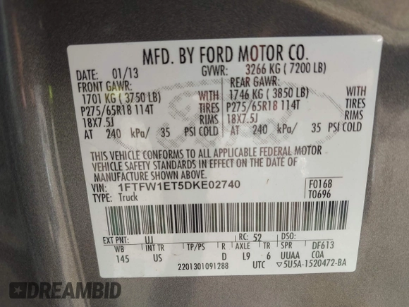 2013 Ford F-150 XL with VIN 1FTFW1ET5DKE02740, listed as a IAAI auction lot 41808135 with 185,304 mi miles. Bid and sale history available at carsss.com. Image 9.