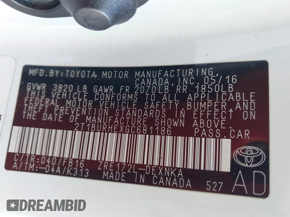 2016 Toyota Corolla L with VIN 2T1BURHEXGC681186, listed as a IAAI auction lot 42528607 with 98,487 mi miles and . Bid and sale history available at DreamBid. Image 9.