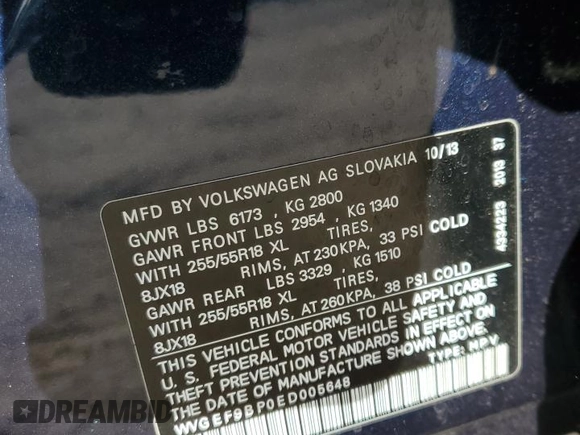 2014 Volkswagen Touareg Sport with VIN WVGEF9BP0ED005648, listed as a Copart auction lot 53230315 with 188,103 mi miles and Clean Title. Bid and sale history available at DreamBid. Image 13.