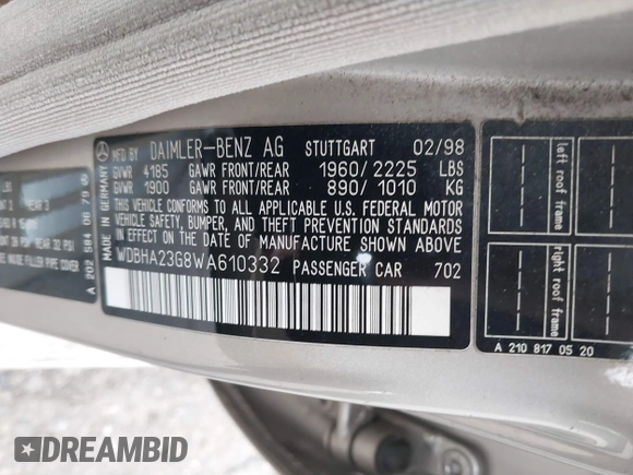 1998 Mercedes-Benz C 230/260/280/320 with VIN WDBHA23G8WA610332, listed as a IAAI auction lot 41772716 with 248,664 mi miles and . Bid and sale history available at carsss.com. Image 9.