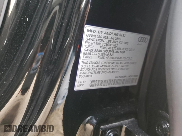 2022 Audi SQ8 Prestige z VIN WA1CWBF11ND019903, wystawiony jako Copart lot #39772444 z przebiegiem Nie podano mil oraz . Historia ofert i sprzedaży dostępna na DreamBid. Obrazek 14.