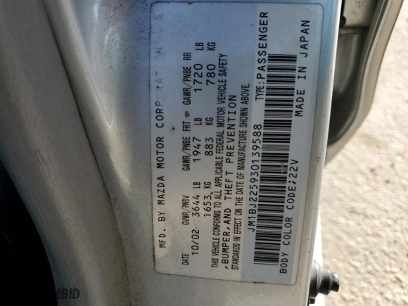 2003 Mazda Protege DX with VIN JM1BJ225930139588, listed as a Copart auction lot 85959354 with 226,798 mi miles and Salvage Title. Bid and sale history available at carsss.com. Image 14.