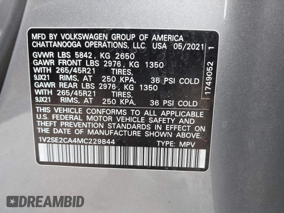 2021 Volkswagen Atlas SEL with VIN 1V2SE2CA4MC229844, listed as a IAAI auction lot 41916623 with 34,618 mi miles and . Bid and sale history available at DreamBid. Image 9.
