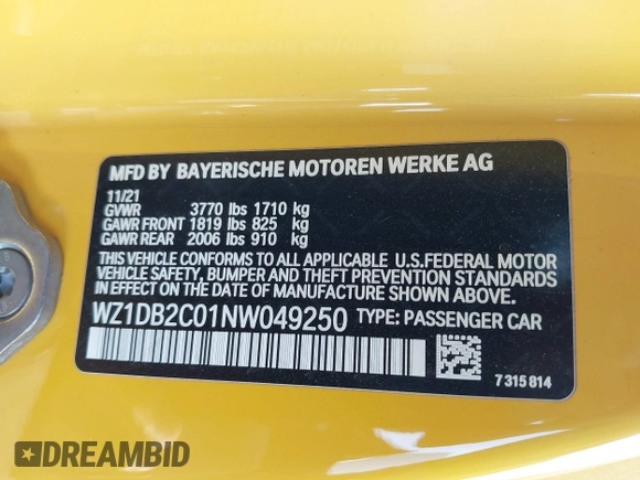 2022 Toyota Supra 2.0 with VIN WZ1DB2C01NW049250, listed as a IAAI auction lot 41731725 with Not provided miles and . Bid and sale history available at DreamBid. Image 9.