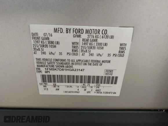 2017 Ford Explorer XLT с VIN 1FM5K7D81HGA23147, выставлен на аукционе IAAI как лот 42360294 с пробегом 169 357 миль миль и . История ставок и продаж доступна на DreamBid. Изображение 9.