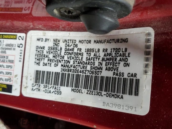 2006 Toyota Corolla CE with VIN 1NXBR32E46Z706507, listed as a Copart auction lot 43651125 with 152,012 mi miles and Clean Title. Bid and sale history available at DreamBid. Image 12.