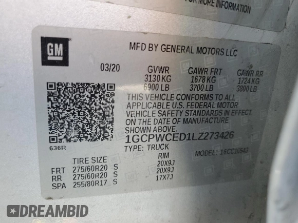 2020 Chevrolet Silverado 1500 LT with VIN 1GCPWCED1LZ273426, listed as a Copart auction lot 49989505 with 87,973 mi miles and Salvage Title. Bid and sale history available at carsss.com. Image 12.