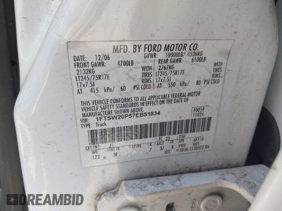 2007 Ford F-250 XL with VIN 1FTSW20P57EB51834, listed as a IAAI auction lot 42058819 with 258,989 mi miles and . Bid and sale history available at DreamBid. Image 9.