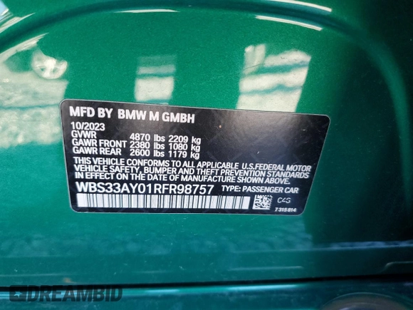2024 BMW M3 Competition with VIN WBS33AY01RFR98757, listed as a Copart auction lot 82797824 with Not provided miles and Salvage title. Bid and sale history available at DreamBid. Image 13.