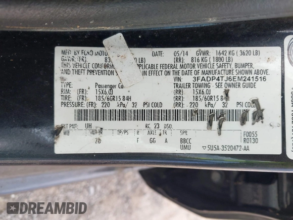 2014 Ford Fiesta S with VIN 3FADP4TJ6EM241516, listed as a IAAI auction lot 42340020 with 189,848 mi miles and . Bid and sale history available at DreamBid. Image 9.