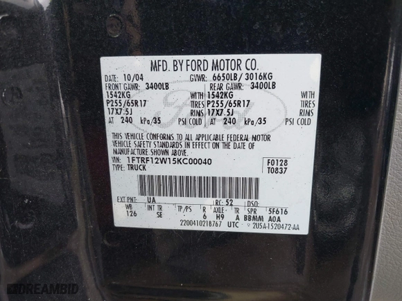2005 Ford F-150 XL with VIN 1FTRF12W15KC00040, listed as a IAAI auction lot 41532710 with 172,371 mi miles. Bid and sale history available at carsss.com. Image 9.