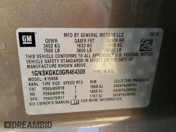 2016 Chevrolet Suburban LS with VIN 1GNSKGKC0GR464308, listed as a Copart auction lot 46694305 with 174,930 mi miles and Salvage Title. Bid and sale history available at carsss.com. Image 15.