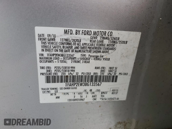 2011 Ford Taurus SEL with VIN 1FAHP2EW3BG133567, listed as a Copart auction lot 44270805 with 206,940 mi miles and Clean Title. Bid and sale history available at DreamBid. Image 12.