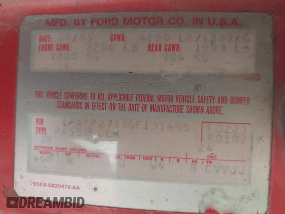 1986 Ford Mustang z VIN 1FABP2738GF131495, wystawiony jako IAAI lot #42437401 z przebiegiem 6 322 mil mil oraz . Historia ofert i sprzedaży dostępna na DreamBid. Obrazek 9.