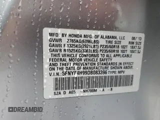 2013 Honda Pilot Touring z VIN 5FNYF4H99DB083396, wystawiony jako Copart lot #58728975 z przebiegiem Nie podano mil oraz Czysty tytuł • Clean title. Historia ofert i sprzedaży dostępna na DreamBid. Obrazek 14.