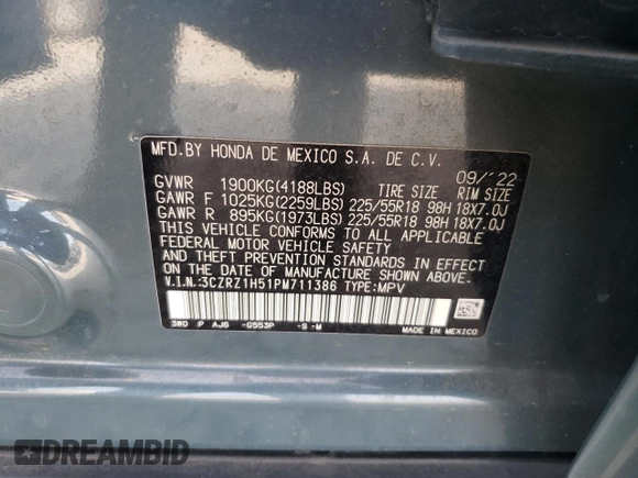 2023 Honda HR-V Sport with VIN 3CZRZ1H51PM711386, listed as a Copart auction lot 50460155 with 66,531 mi miles and Non Repairable. Bid and sale history available at carsss.com. Image 15.