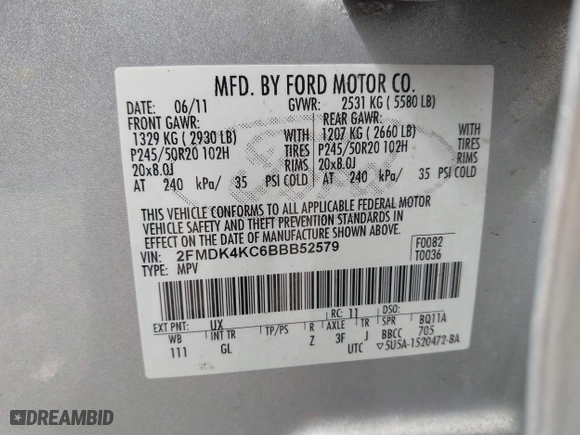 2011 Ford Edge Limited with VIN 2FMDK4KC6BBB52579, listed as a IAAI auction lot 41729746 with 232,514 mi miles. Bid and sale history available at carsss.com. Image 9.