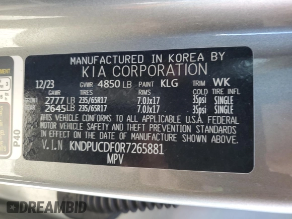 2024 Kia Sportage LX with VIN KNDPUCDF0R7265881, listed as a Copart auction lot 50235255 with 27,108 mi miles and Salvage Title. Bid and sale history available at DreamBid. Image 14.