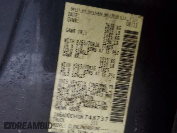 2013 Nissan Frontier SV with VIN 1N6AD0EV4DN748737, listed as a Copart auction lot 44754015 with 129,532 mi miles and Salvage title. Bid and sale history available at DreamBid. Image 12.