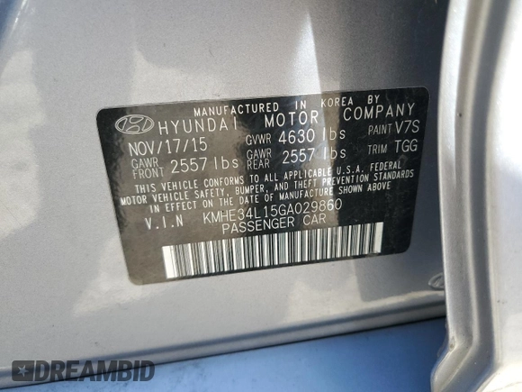 2016 Hyundai Sonata Hybrid Limited with VIN KMHE34L15GA029860, listed as a Copart auction lot 54985255 with 117,497 mi miles and Clean Title. Bid and sale history available at carsss.com. Image 12.