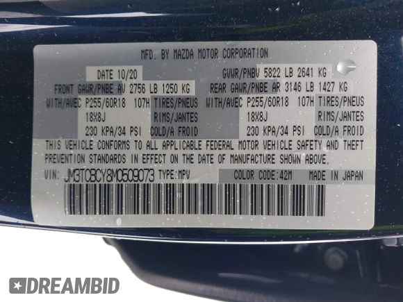 2021 Mazda CX-9 Touring with VIN JM3TCBCY8M0509073, listed as a IAAI auction lot 41563640 with 38,779 mi miles. Bid and sale history available at carsss.com. Image 9.