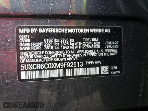 2021 BMW X5 xDrive40i with VIN 5UXCR6C0XM9F92513, listed as a Copart auction lot 42913123 with 18,378 mi miles and . Bid and sale history available at DreamBid. Image 15.