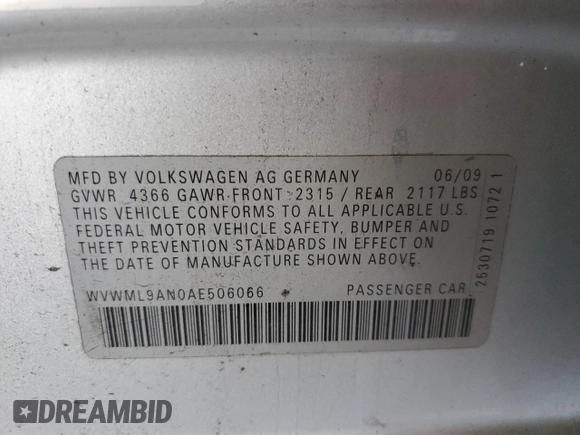2010 Volkswagen CC Sport with VIN WVWML9AN0AE506066, listed as a Copart auction lot 52041625 with 154,453 mi miles and Salvage Title. Bid and sale history available at carsss.com. Image 12.