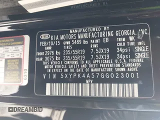 2016 Kia Sorento SX with VIN 5XYPK4A57GG023001, listed as a IAAI auction lot 41154189 with 93,399 mi miles. Bid and sale history available at carsss.com. Image 9.