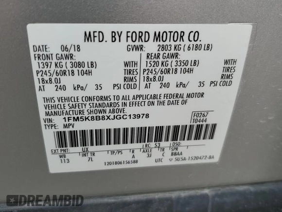 2018 Ford Explorer z VIN 1FM5K8B8XJGC13978, wystawiony jako Copart lot #55783265 z przebiegiem 47 238 mil mil oraz Szkoda całkowita • Salvage title. Historia ofert i sprzedaży dostępna na DreamBid. Obrazek 13.