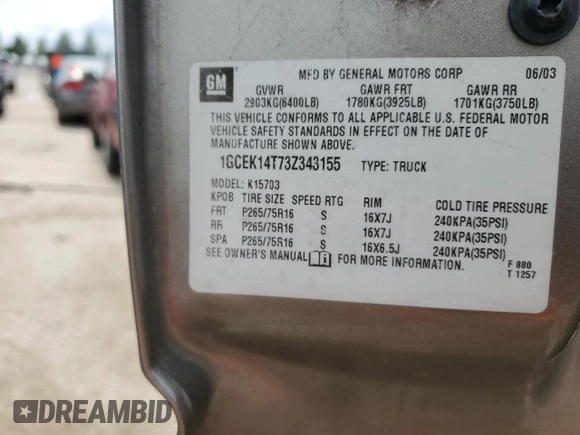 2003 Chevrolet Silverado 1500 LS with VIN 1GCEK14T73Z343155, listed as a Copart auction lot 53270774 with Not Provided miles and Non Repairable. Bid and sale history available at DreamBid. Image 12.