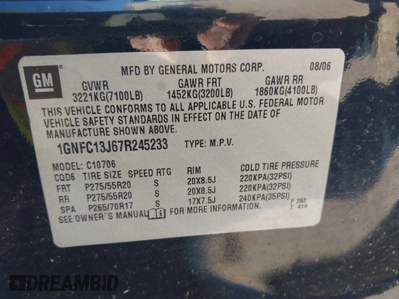 2007 Chevrolet Tahoe LTZ with VIN 1GNFC13J67R245233, listed as a IAAI auction lot 41726159 with 203,841 mi miles and . Bid and sale history available at DreamBid. Image 9.