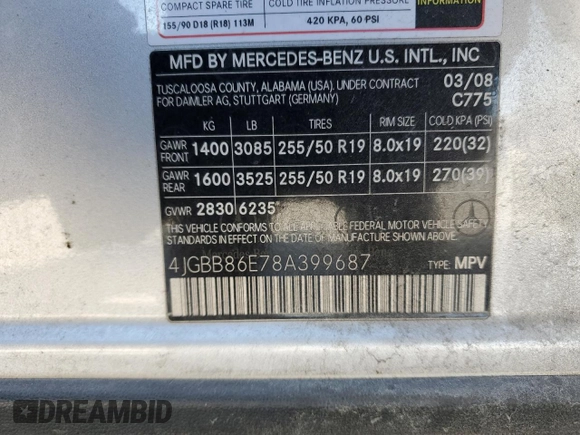 2008 Mercedes-Benz M 350 with VIN 4JGBB86E78A399687, listed as a Copart auction lot 48673775 with 190,936 mi miles and Salvage Title. Bid and sale history available at DreamBid. Image 16.