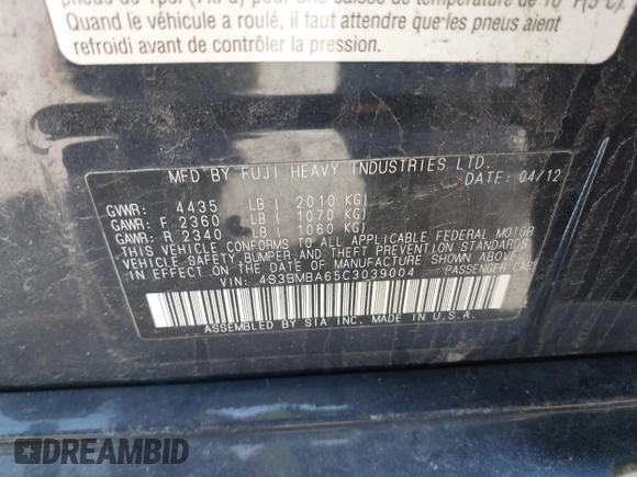 2012 Subaru Legacy 2.5i with VIN 4S3BMBA65C3039004, listed as a IAAI auction lot 42059617 with 100,081 mi miles. Bid and sale history available at carsss.com. Image 9.